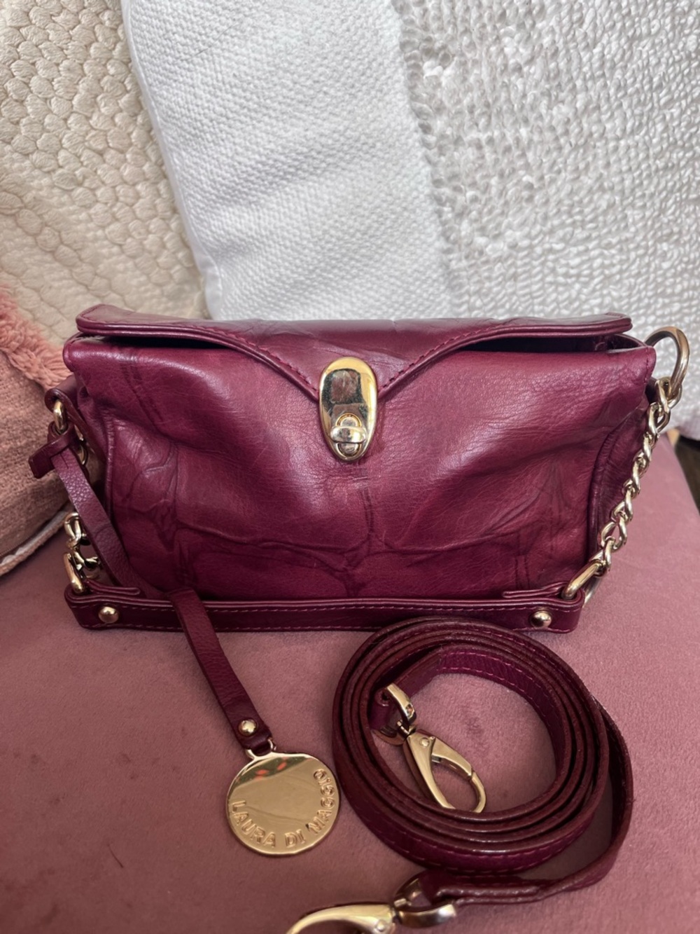 Laura Di Maggio Leather Hand Carry Crossbody Bag Deep Wine Made in Italy Milano